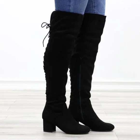 Low Heel Thigh High Boots Faux Suede Back Womens Lace Up Black Above The Knee - Picture 2 of 15